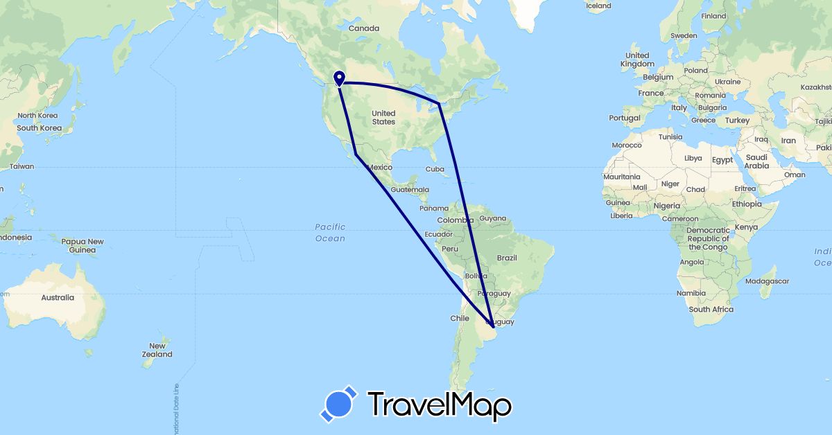 TravelMap itinerary: driving in Argentina, Canada, Mexico, United States (North America, South America)